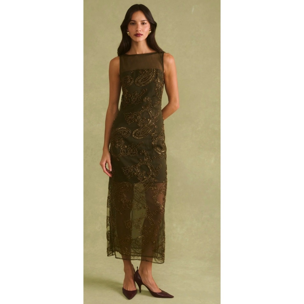Few Moda Sorella Atelier Olive Green Beaded Paisley Mesh Maxi Dress Size 2